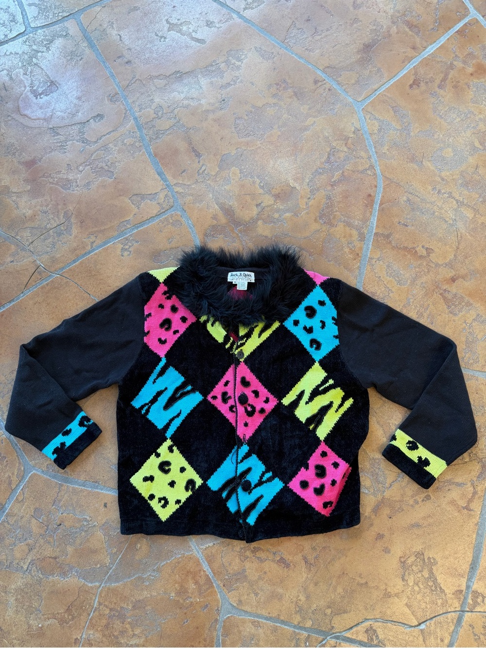 Vintage Beaded Knit Cardigan Sweater XL Black Feather Collar Jack B. Quick